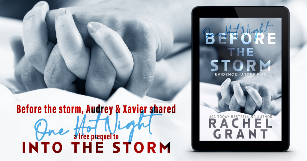 Tablet showing the cover for BEFORE THE STORM: One Hot Night, with text: Before the Storm, Audrey and Xavier shared One Hot Night. A free prequel to INTO THE STORM. Click on the image to go to the book page for download links.
